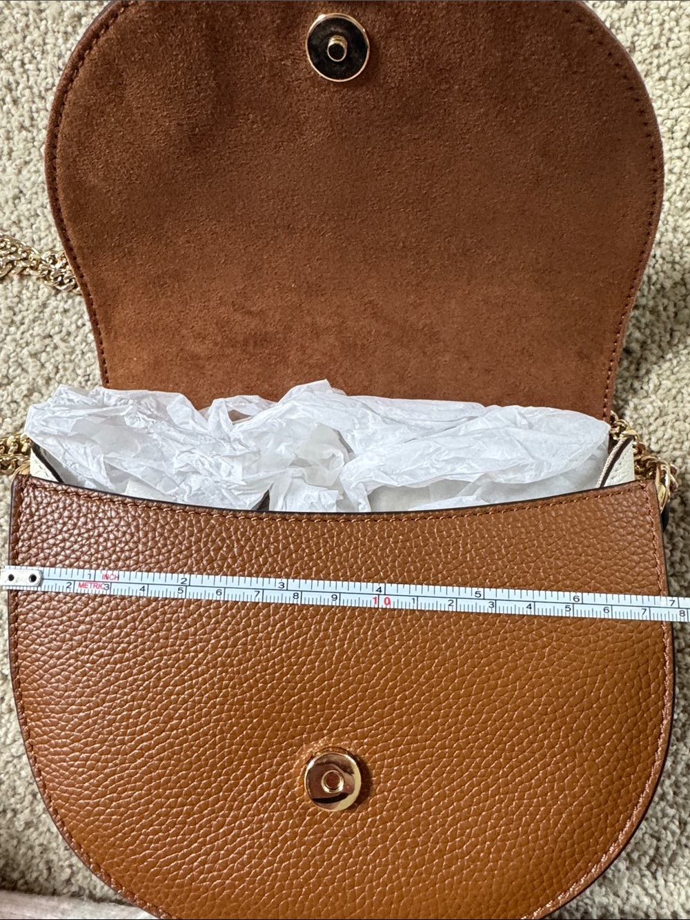 Cole Haan Navy and Brown Pebbled Leather Crossbody with Gold Chain - Picture 12 of 14